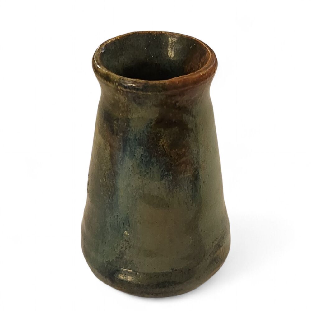 Ceramic Handmade Pottery Bud Vase Brown Blue-Green Glaze, Signed KC, 4" x 2.5"